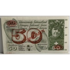 SWITZERLAND 1974 . FIFTY 50 FRANKEN BANKNOTE . SPECIMEN